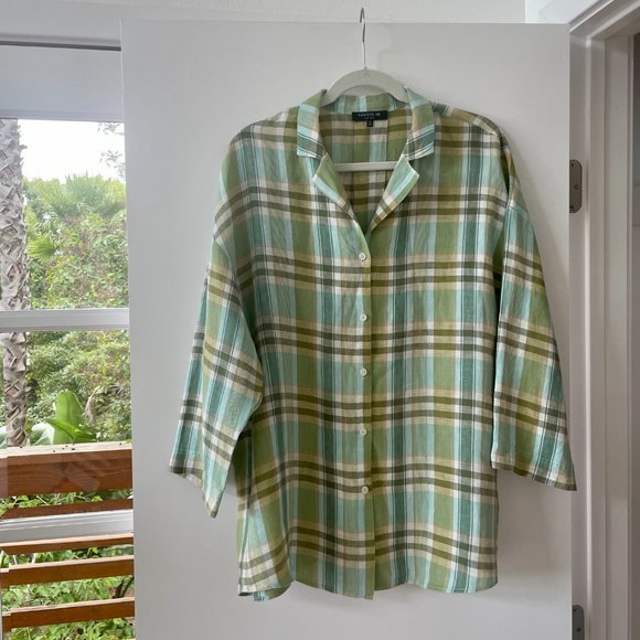 Lafayette 148 Sabira Linen Button-down Blouse in Plaid, Size XL - Picture 2 of 6